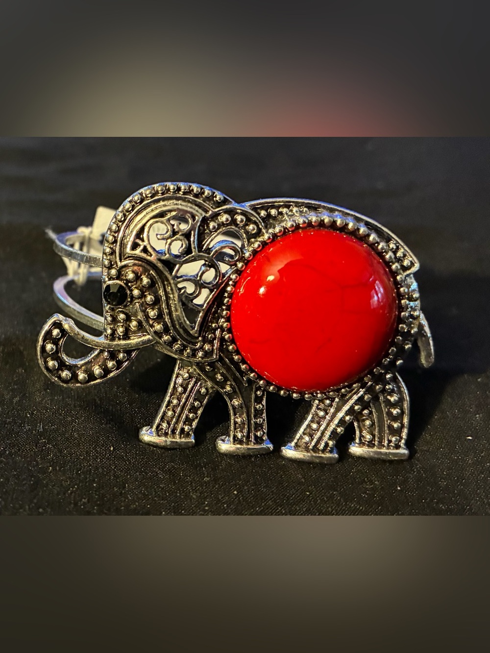Silver Elephant Cuff Bracelet with Red Stone